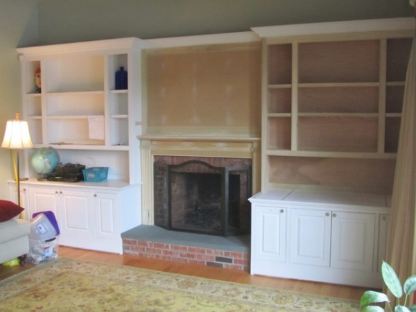custom bookcase and fireplace mantel