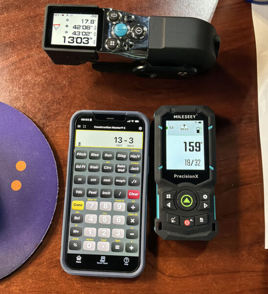 A smartphone showing 13 feet 3 inches next to a Mileseey laser measure reading 159 inches.
